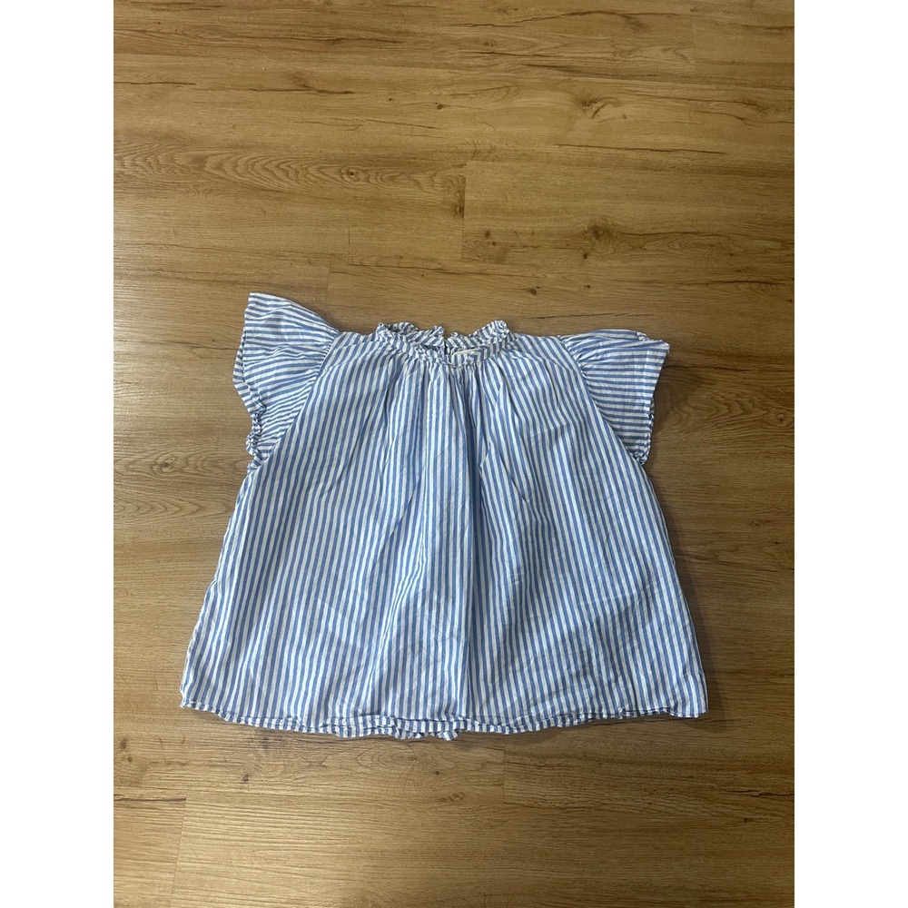 Birds of Paradis by Trovata Blue White Striped Flutter Sleeve Ruffle Neck top S